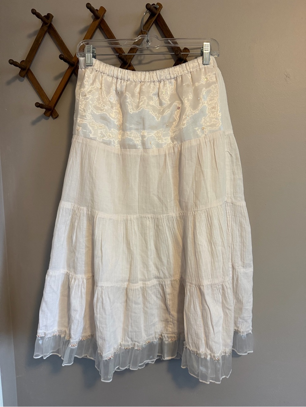 White Crinkle Gauze Sequin Beaded Yoke Tiered Boho Maxi Skirt M